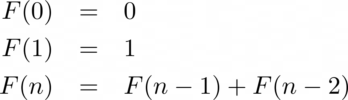 The Fibonacci sequence described as a recurrence relation. F(0) and F(1) are defined to be 0, and the nth Fibonacci number is the sum of F(n-1) and F(n-2)