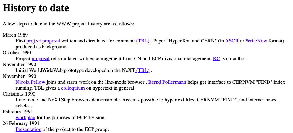 Screenshot of one of the first static webpages, displaying the history of the project as envisioned at CERN